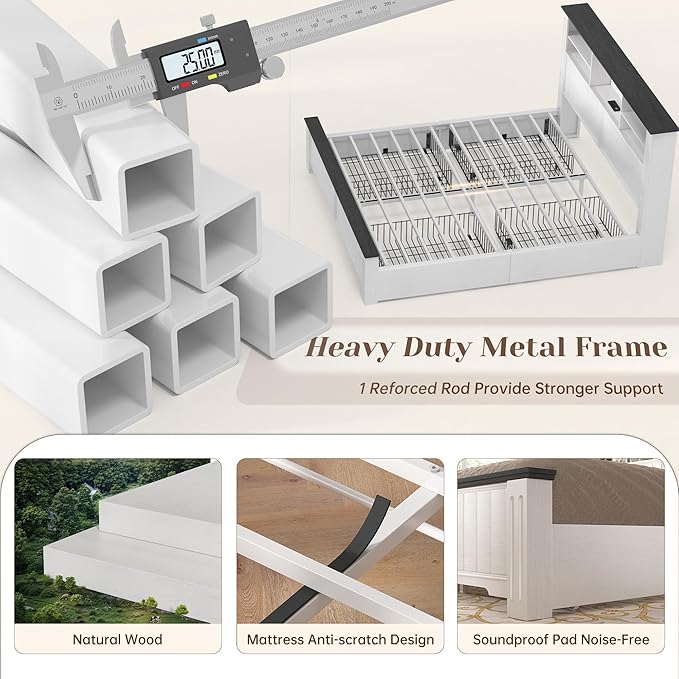 EnHomee Queen Bed Frame with Headboard and Storage, 4 Drawers and LED Built in Charging Station Bed Frame Queen Size with Storage Farmhouse, NO Noise,No Box Spring Needed, White