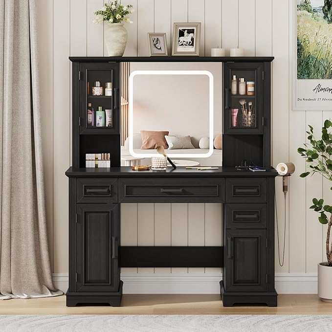 Maupvit Farmhouse Vanity Desk with Mirror and Lights, Makeup Vanity Table with Charging Station, 45" Bedroom Table with 4 Drawers and Cabinets, 3 Lighting Modes, Black