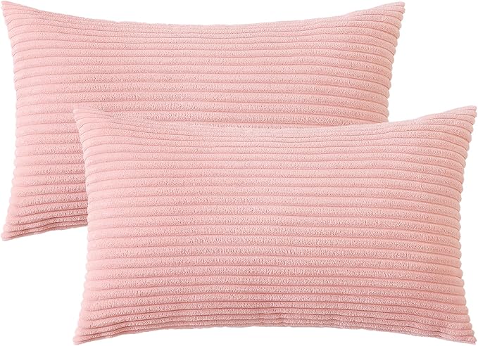 Mecatny Corduroy Decorative Throw Pillow Covers 12x20 Set of 2 for Sofa Living Room, Soft Neutral Boho Couch Pillow Covers for Home Decor, Pink