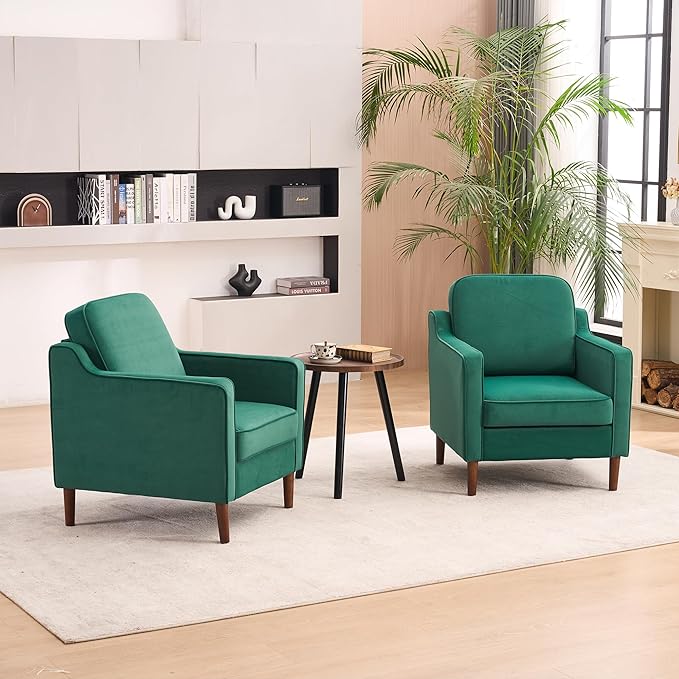 Mid Century Modern Accent Chairs Set of 2, Upholstered Reading Armchair for Living Room, Velvet Comfy Sofa Chair with Wood Legs for Bedroom, Office, Waiting Room, Green