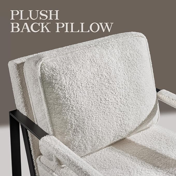 Yaheetech Teddy Boucle Fabric Armchair, Retro Leisure Accent Chair with Extra Soft Padded and Cushion, Modern Reading Arm Chair with Black Metal Frame for Living Room/Office/Bedroom/Study, Ivory, 2PC