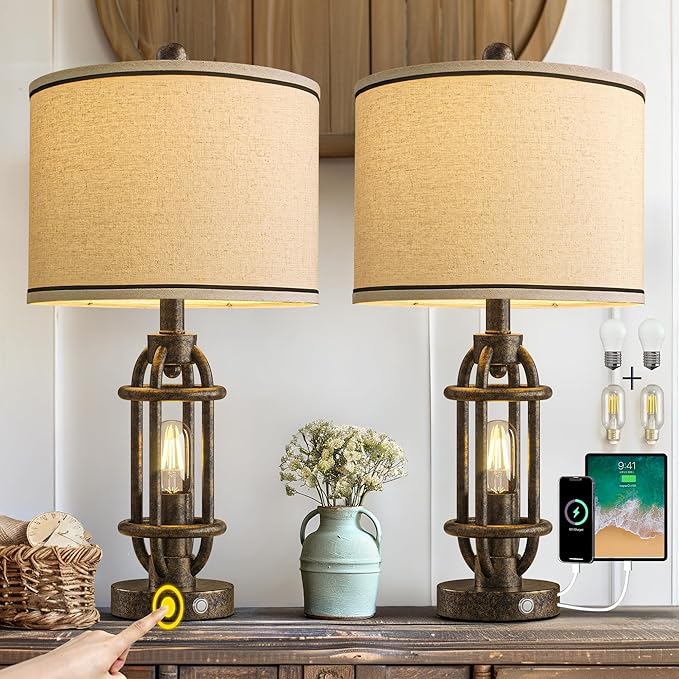23.75'' Table Lamps Set of 2 for Living Room Bedroom Industrial Farmhouse Metal Touch Lamps with USB A+C Ports, Night Light Vintage Nightstand Bedside Lamp, Bulbs Included, Bronze