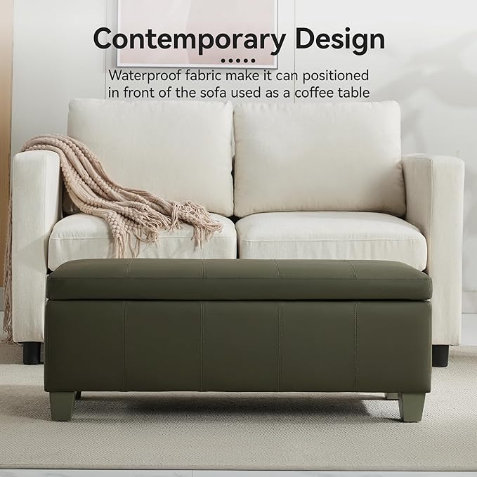 41" Faux Leather Storage Ottoman, Stitch Tufted Rectangle Upholstered End of Bed Storage Bench, Entryway Large Couch Ottoman with Wooden Legs,Green
