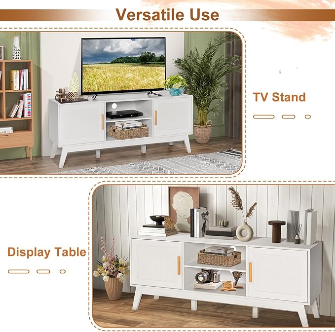 LOKO Natural Rattan TV Stand for 65-Inch TV, Media Storage Cabinet with 2 Doors, Adjustable Shelf, Modern Media Entertainment Center with Cable Management Holes for Living Room, Bedroom