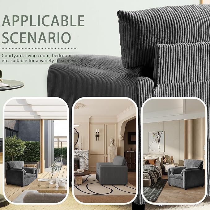 Corduroy Single Sofa Chair Modern Upholstered Accent Chair for Reading Comfy Living Room Chair with Side Pocket Oversized Armchair for Bedroom Lounge(Charcoal)