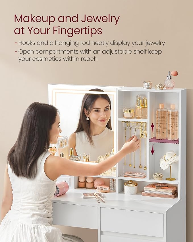 VASAGLE Kailyn Collection - 35.4-Inch Wide Vanity Desk with Mirror and Lights, Power Outlets, Vanity Table with Jewelry Storage, Adjustable Shelves, for Bedroom, Cloud White URDT132WB03S