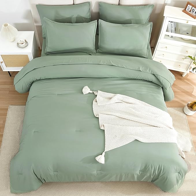 Litanika Comforter Full Size Set Sage Green - 7 Pieces Bed in a Bag Full Bedding Comforter Sets, Plain Lightweight Bed Set with Comforter, Sheets, Pillowcases & Shams
