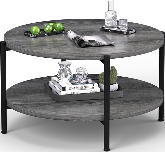 Coffee Table, 2 Tier Coffee Tables for Living Room, Round Coffee Table with Storage, Floor Table for Bedroom, Home Office, Rustic Brown (27.6" D x 18.1" H)