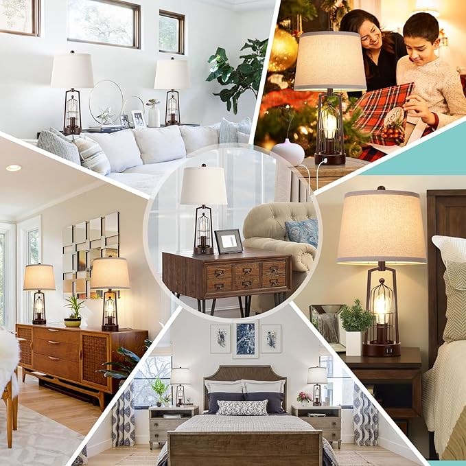 Farmhouse Table Lamps with 2 USB Ports, Set of 2 Rustic Industrial Desk Lamp for Living Room, 2-Light with Beige Lampshade for Bedside, Bedroom, Nightstand, House Decor, Reading(Bronze)