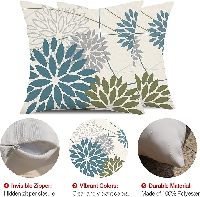 Blue Army Green Outdoor Pillow Covers Set of 2 20X20 Inch Teal Floral Elegant Polyester Flower Pillow Case Outdoor Waterproof Decor for Patio Funiture Garden Linen Cushion Covers 01C20