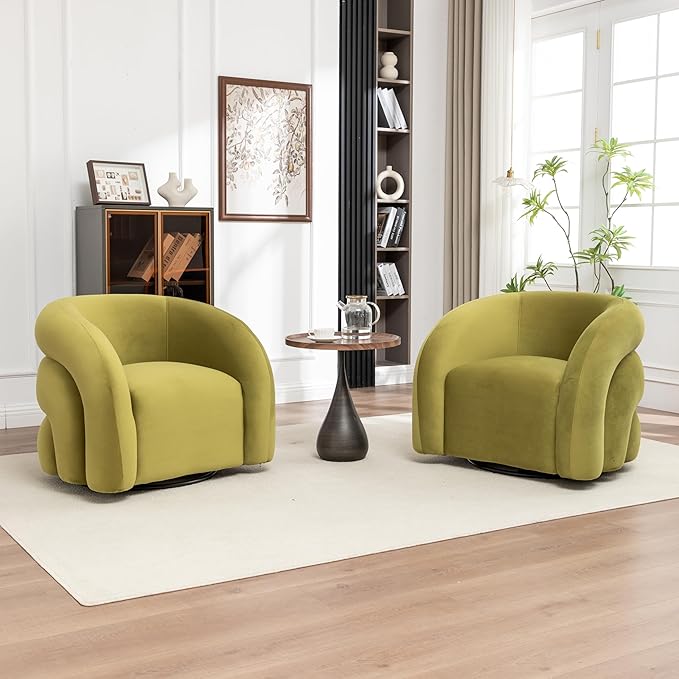 34.6" Velvet Swivel Accent Chair, Modern Round Armchair for Living Room,Upholstered Comfy Sofa Barrel Chairs for Bedroom Reading Apartment Lounge,Fully Assembled(Grass Green)