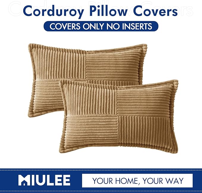 MIULEE Decorative Lumbar Throw Pillow Covers for Couch Bed Livingroom 12x20 Inch Set of 2 Brown Boho Accent Throw Pllows Broadside Striped Patchwork Soft Corduroy Pillowcases