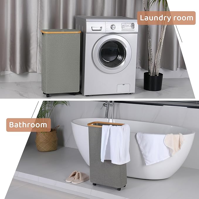 Slim Laundry Basket with Wheels,Narrow Hampers for Laundry, Laundry Hamper with Lid&Bamboo Handles,Collapsible Waterproof Tall Cloth Hamper for Dorm Family(60L Grey)