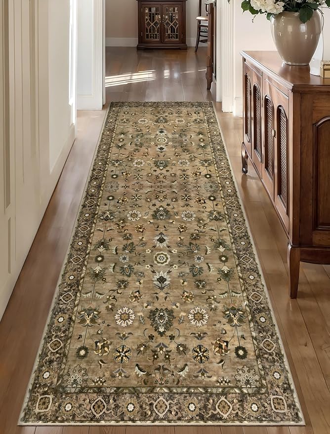 2x10 Hallway Runner Rug, Washable Non-Slip Vintage Floral Boho Runner Rug for Hallway Entryway Indoor, Brown Print Carpet,Soft Low Pile Long for Kitchen Bedroom