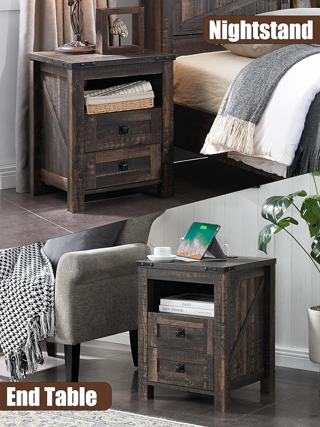 T4TREAM Farmhouse Nightstand Set of 2 with Charging Station, Rustic End Table with 2 Drawers, Storage Open Shelf for Bedroom, Living Room, Wood Side Table, Dark Rustic Oak