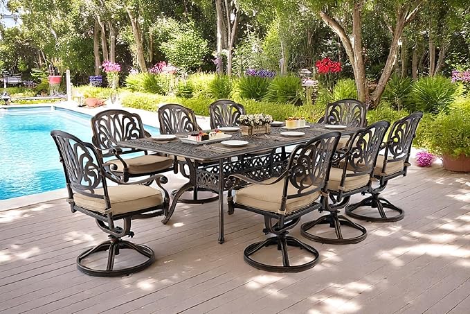 9 Piece Outdoor Dining Set Cast Aluminum, Retro Patio Dining Furniture Set for 8 Includes 86.6’’ Rectangular Table 8 Swivel Chairs with Thicker Cushion and Umbrella Hole for Patio Deck Garden