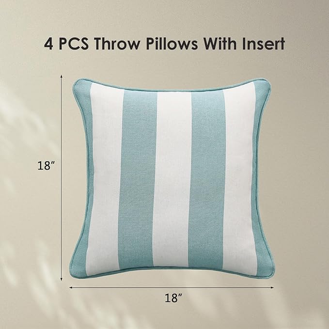 Decorative Outdoor Water Repellent Throw Pillows with Inserts, Set of 4, 18" x18" Pillows for Patio, Backyard, Bed, Couch, and Patio Furniture, Turquoise Stripe