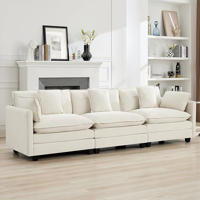 111'' Sectional Cloud Deep Seat Couch, Modern Comfy Chenille Modular Sectional Sofa for Living Room Set, Upholstered Modular 3-Seats Sofa Couch, Beige