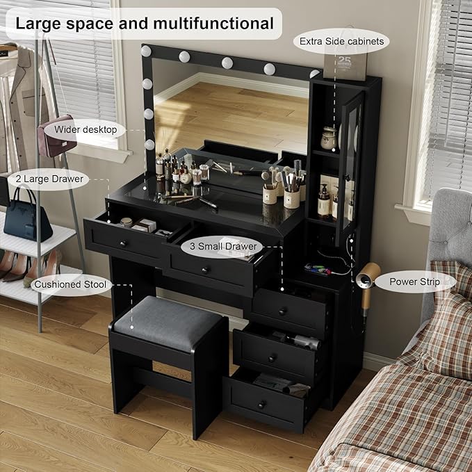 43" W Vanity Desk with Mirror & 11 Lights, 5 Drawer Modern Makeup Desk with Glass top & Cushioned Stool, 3 Lighting Modes Brightness Adjustable,Bedroom Dressing Table, Black