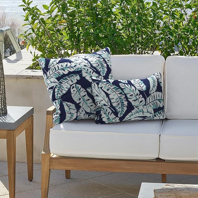 Outdoor Lumbar Pillows 12x20 inch, Rectangle Throw Pillows with Inserts, Decorative Lumbar Cushions for Patio Furniture Garden Couch Home Sofa Office Chair, Pack of 2, Baltic Palms White