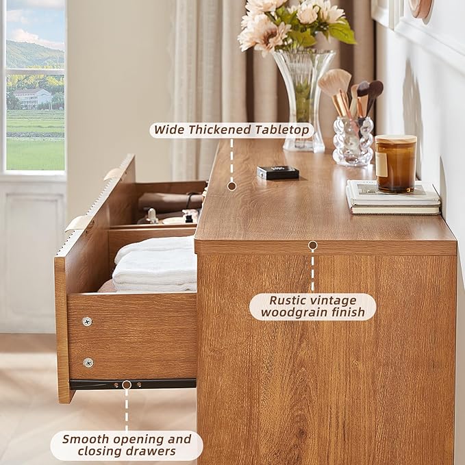 LEYAOYAO Fluted 6 Drawers Dresser Set of 2, 48" Wide Modern Chest of Drawers with Metal Handle, Brown Curved Profile Dresser TV Stand, Wooden Drawer Organizer for Bedroom, Living Room, Hallway