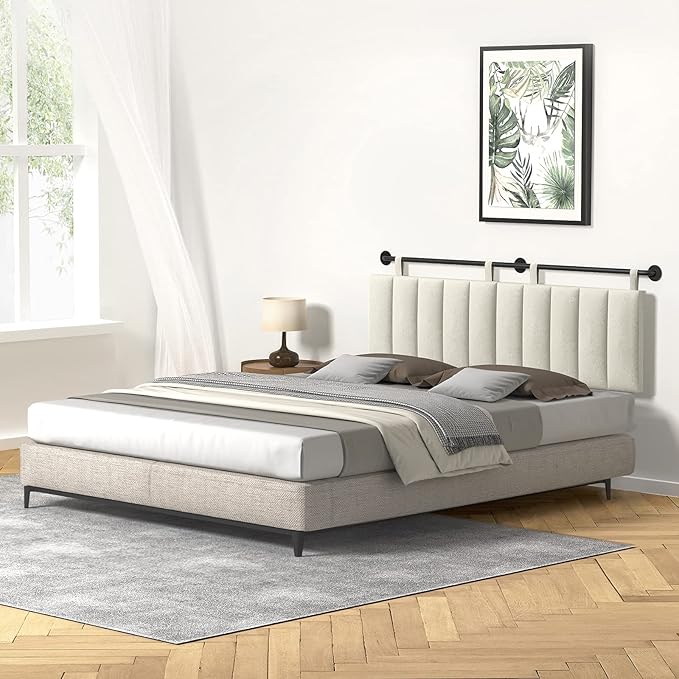 Wall Mounted Headboard King Headboards Only Comfortable Velvet Vertical Channel Headboards for Adjustable Size Bed (Velvet Beige, King)