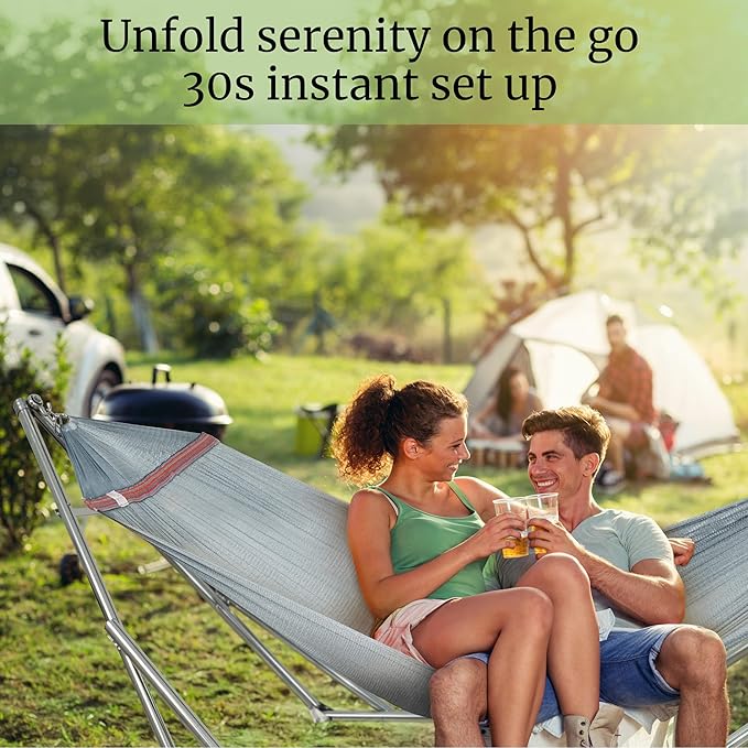 Tranquillo Double Hammock with Stand 650lb Capacity Double Hammock with Spreader Bar, Solid Grade 201 Stainless Steel 30s Set Up, Sturdy Flexible Hammock Stand Portable, Outdoor Indoor, Grey