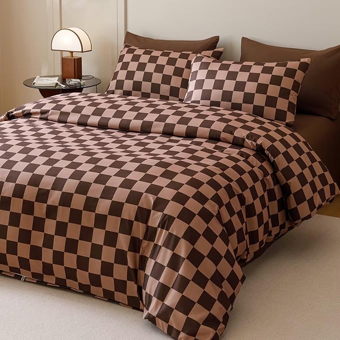 Luxlovery Brown Grid Comforter Set Full Brown Khaki Plaid Bedding Comforter Set Women Men Full Bed Soft Breathable Blanket Quilts Modern Geometric Coffee 3pcs Bedding Set