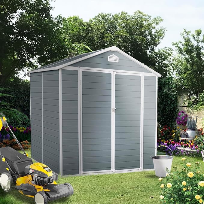 6' x 8' Resin Storage Shed Outdoor, PP Material & Strong Structure for All Weather, Plastic Garden Shed w/Window for Garden, Backyard, Poolside and Lawn, 15mm Thick PP Board - Light Grey