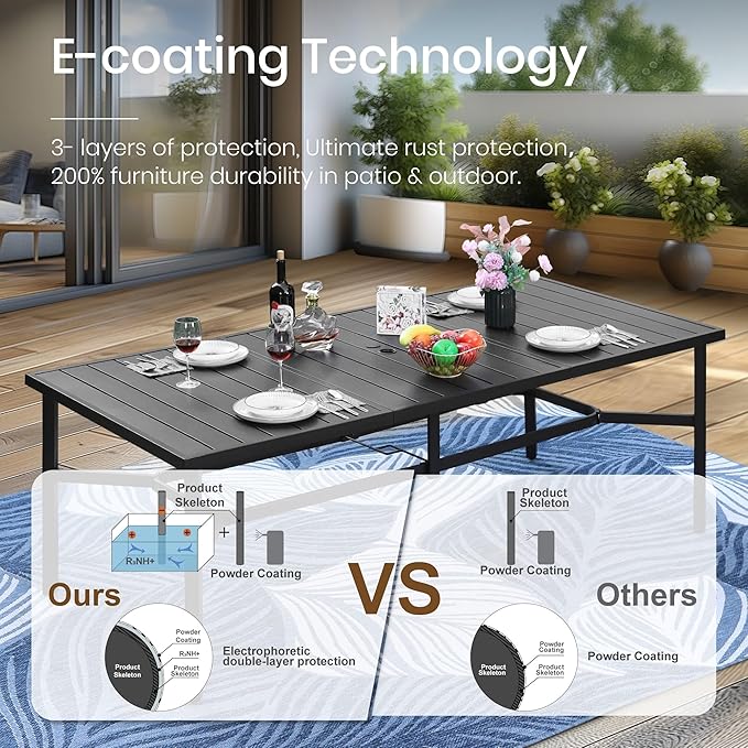 PHI VILLA 9 Pieces Outdoor Dining Set for 8, Large Rectangle Metal Dining Table with Umbrella Hole & Cushioned Wicker Chairs, Outdoor Furniture Set for Patio, Deck, Yard, Porch