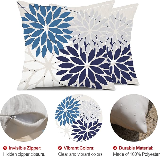 DFXSZ Outdoor Throw Pillow Covers 18x18 Inch Set of 2 Spring Summer Geometric Elegant Decorative Throw Pillows Blue Outdoor Waterproof Pillow Covers for Patio Funiture Garden Couch 158A18