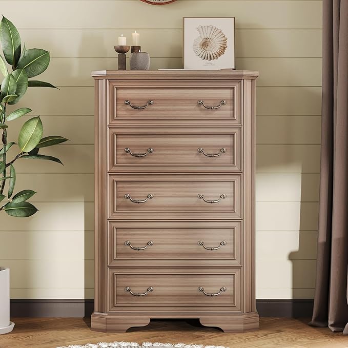 Farmhouse 48" Tall 5 Drawers Dresser for Bedroom, Wood Rustic Chest of Drawers with Corner Bevel Shape, Closet Storage Dressers Organizer for Bedroom, Living Room, Hallway, Grey Walnut