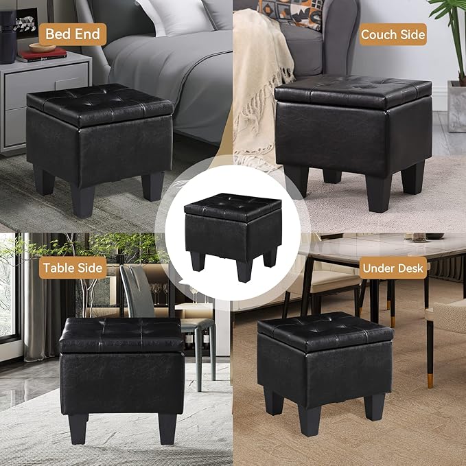 Storage Ottoman Set of 3, 38'' Button-Tufted Coffee Table Bench with 2pcs Nesting Foot Stools, for Living Room Couch, Bedroom, End of Bed (Black - PU Leather)