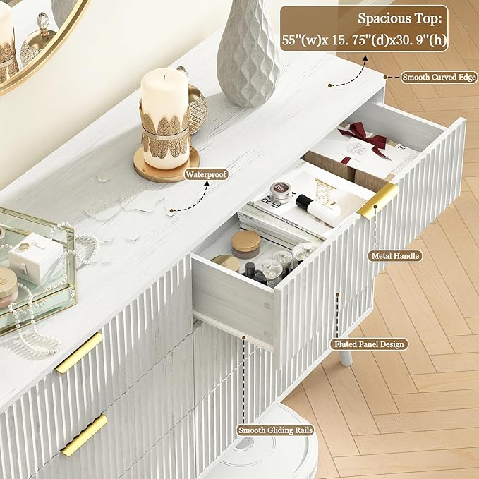 CARPETNAL Fluted 6 Double Drawers White Dresser for Bedroom, 55”Wide Modern Chest of Drawers with Deep Drawers,Wood Drawer Organizer for Bedroom Living Room, Hallway, White