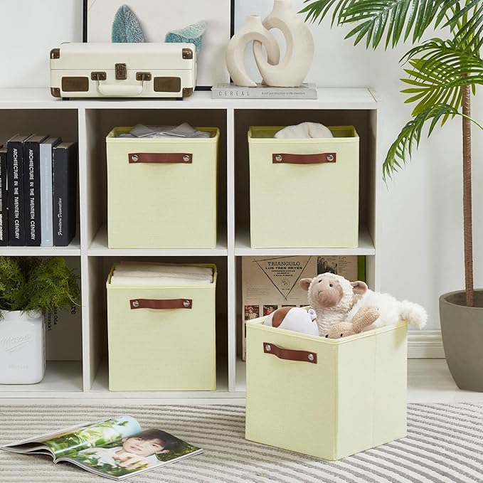 Collapsible Fabric Storage Cube Bins with 2 Reinforced PU Handles, Foldable Storage Organizer Baskets for Closet, Shelves, Living Room | 11"x11"x11", 4 Pack, Full Beige