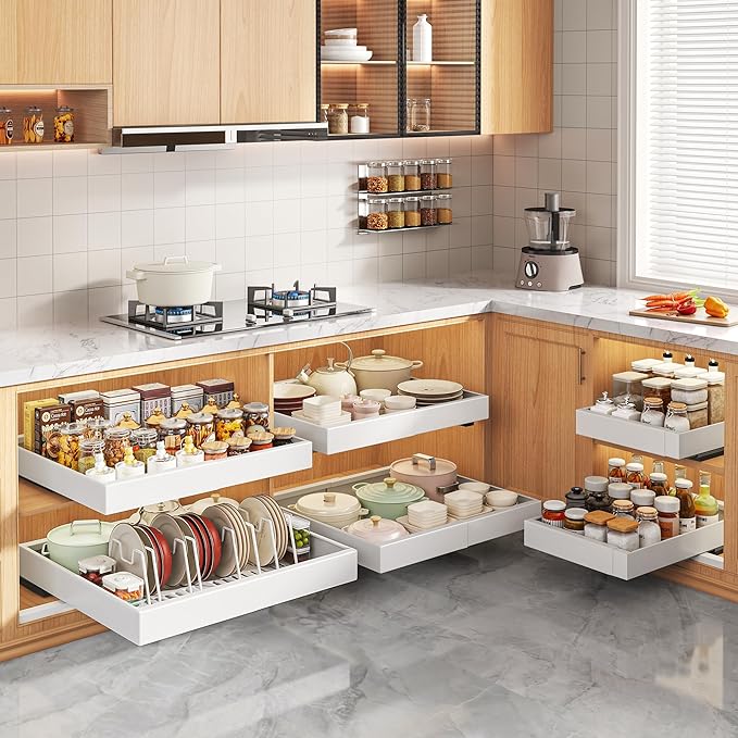 4Pack Expandable Pull Out Cabinet Organizer 21"Deep with Raising Pad for Framed Cabinets,Slide Out Drawers with 4pcs Divider Racks,Roll Out Shelves Adhesive,Adjustable Width 12.05"-20.4"White