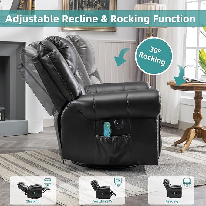 MEETWARM Massage Swivel Rocker Recliner with Heat and Vibration, Manual Glider Rocking Recliner Chair, 360°Swivel Lounge Reclining Chair with Remote Control/USB Ports for Living Room(Black)
