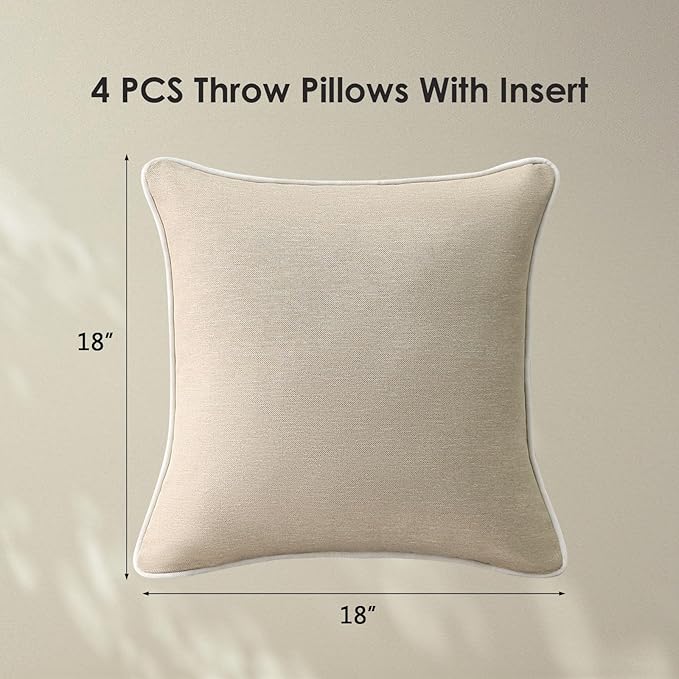 Decorative Outdoor Water Repellent Throw Pillows with Inserts, Set of 4, 18" x18" Pillows for Patio, Backyard, Bed, Couch, and Patio Furniture, Tan