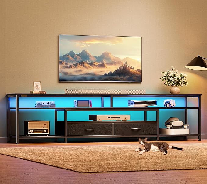 Huuger 79 Inch TV Stand for 85, 90 Inch TV, Entertainment Center with LED Lights and Power Outlets, TV Console with Drawers, Shelves, Type C, PU Leather Surface, for Living Room, Black