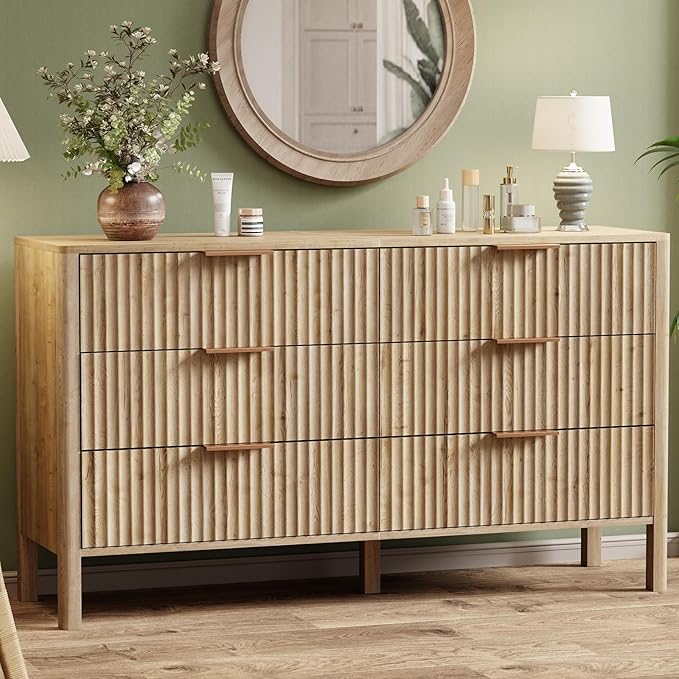 55" Wide Fluted 6 Drawer Dresser for Bedroom, Wooden Dresser Modern Chest of Drawers TV Stand Dressers with Organizer Storage for Bedroom, Living Room, Entryway, Oak