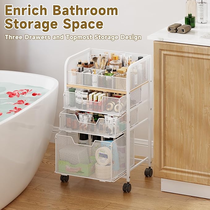 Makeup Cart Organizer with 3 Drawers,Floor Skincare Organizers with Dividers, Vanity Organizer Cosmetics Display Cases Holder for Skin Care Nail Polish Perfume Makeup brush Hair Tool,White