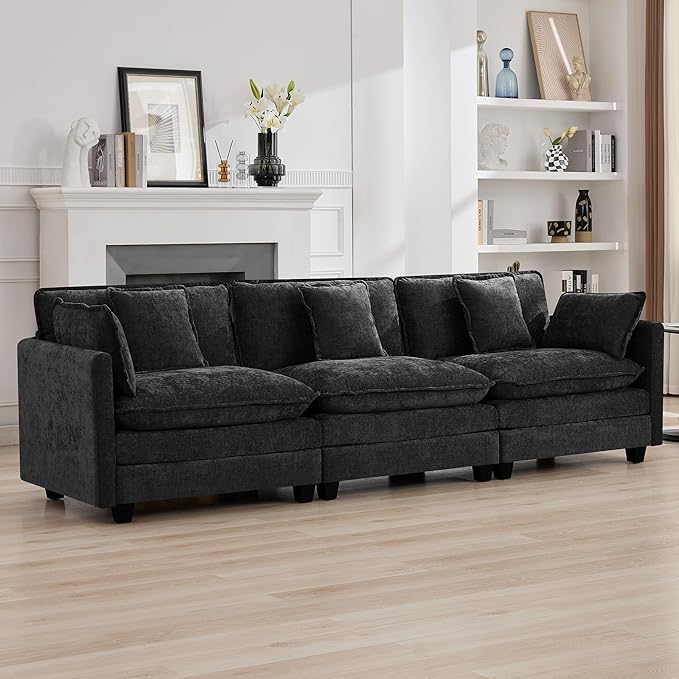 111'' Sectional Cloud Deep Seat Couch, Modern Comfy Chenille Modular Sectional Sofa for Living Room Set, Upholstered Modular 3-Seats Sofa Couch, Dark Grey