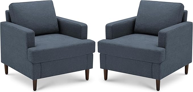 Mid-Century Accent Chair,Modern Linen Fabric Armchair for Living Room,Comfy Upholstered Reading Accent Chairs for Bedroom,Single Sofa Chair with Wood Legs (Blue Grey, 2 Pack)