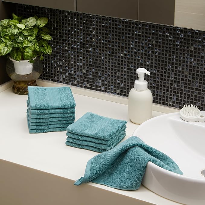 Amazon Basics Fade-Resistant 100% Cotton Washcloth, 12 Pack, 12"x12", Teal