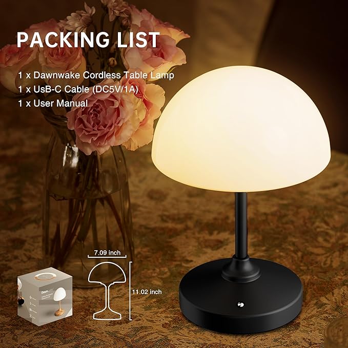Mushroom Lamp Table Lamp Waterproof,Desk Cordless Battery Operated Lamps for Bedroom,Outdoor Cordless Rechargeable Table Lamps for Night Stands,5000mAh LED Night Light for Living Room(Black)