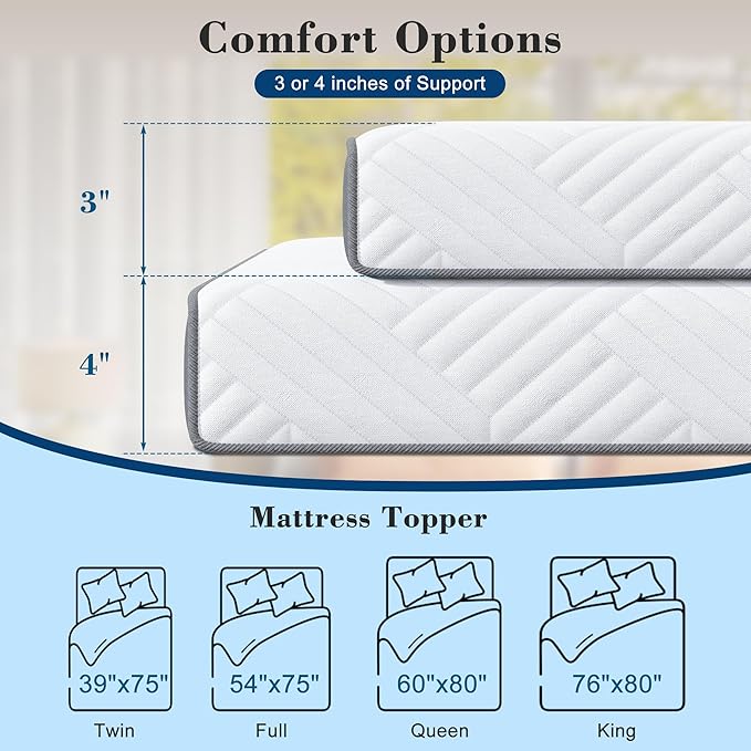 EnHomee Memory Foam Mattress Topper,4 Inch Queen Mattress Topper Pressure Relief with Cooling Gel and Removable & Washable Embossed Cover, CertiPUR-US & Oeko-TEX Certified, White, Queen