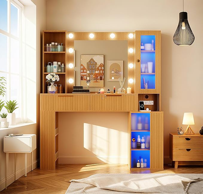 Vanity Desk with Mirror and Lights with Glass Table Top, Makeup Vanity Table with LED Lights,Dressing Table with Storage Cabinet, Brightness Adjustable, Vanity Set for Bedroom,Oak