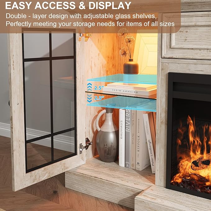 Fireplace TV Stand Up to 80" TVs, 70'' Modern Entertainment Center with 36" Electric Fireplace & LED Lights, Farmhouse Media Console with Storage Cabinet & Drawer for Living Room, Antique Brush Grey