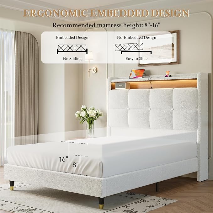 Full Size Bed Frame, 51" Tall Wingback Tufted Headboard, Teddy Fleece Upholstered Bed Frame, LED Lights & USB/Type-C Port and Double Storage Shelf, No Box Spring Needed, Easy Assembly, White