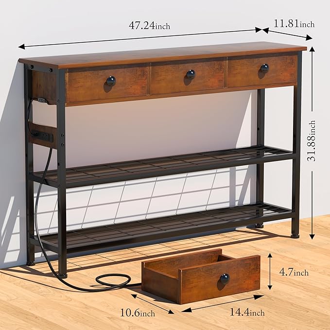47" Entryway Table with Outlets: Console Table with 3 Wood Drawers and Storage Shelves, USB Ports, LED Light Strip for Sofa, Living Room, Hallway, Foyer, Couch, TV and Aquarium Stand